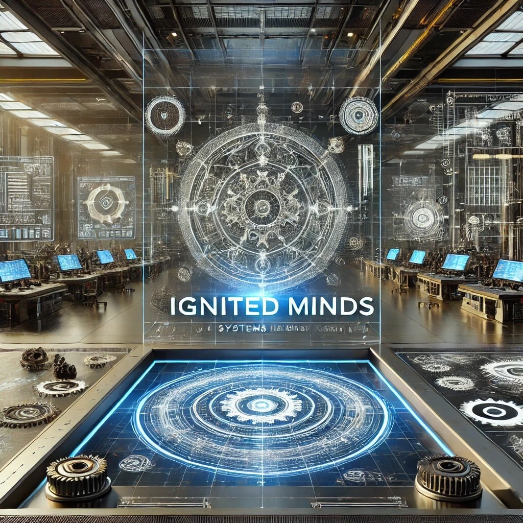 Futuristic engineering laboratory with Ignited Minds visual identity
